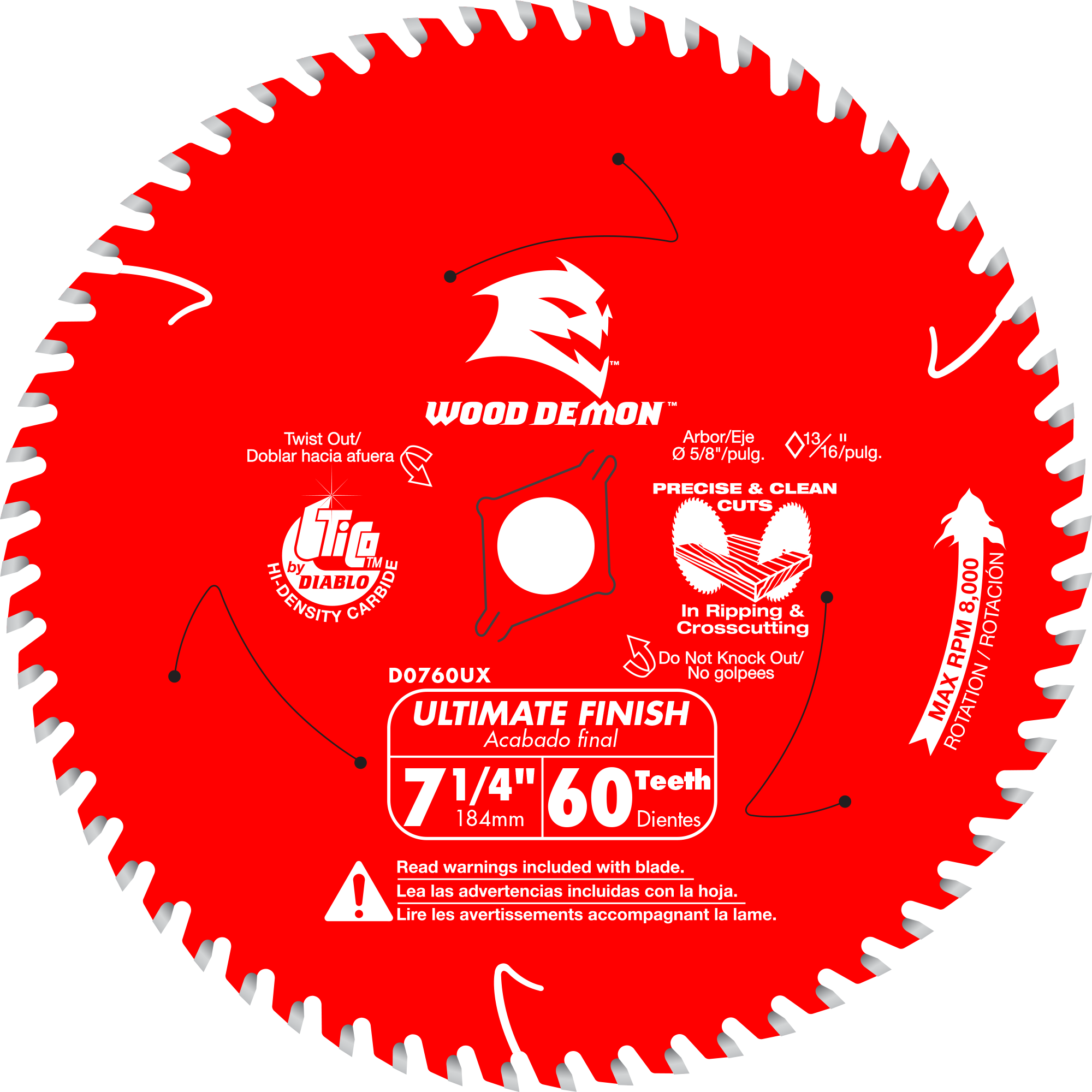 Diablo D0760UX 7-¼ 60-Teeth Wood Demon™ Ultimate Finish Carbide Saw Blade for Wood