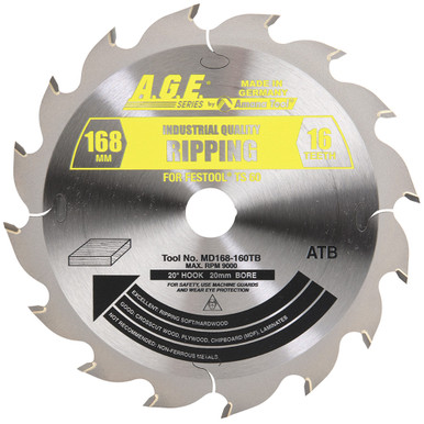 AGE Series MD168-160TB For Festool Track Saw Machine Carbide Tipped Wood Rip Cut Saw Blade 168mm D x 16T ATB, 20 Deg, 20mm Bore
