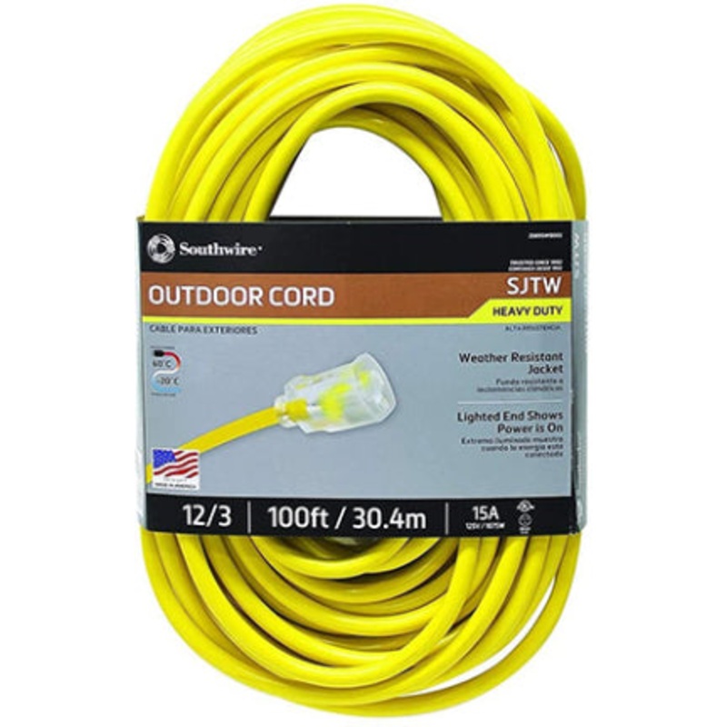 OUTDOOR CORD 12/3 100 FT SJTW YEL LT