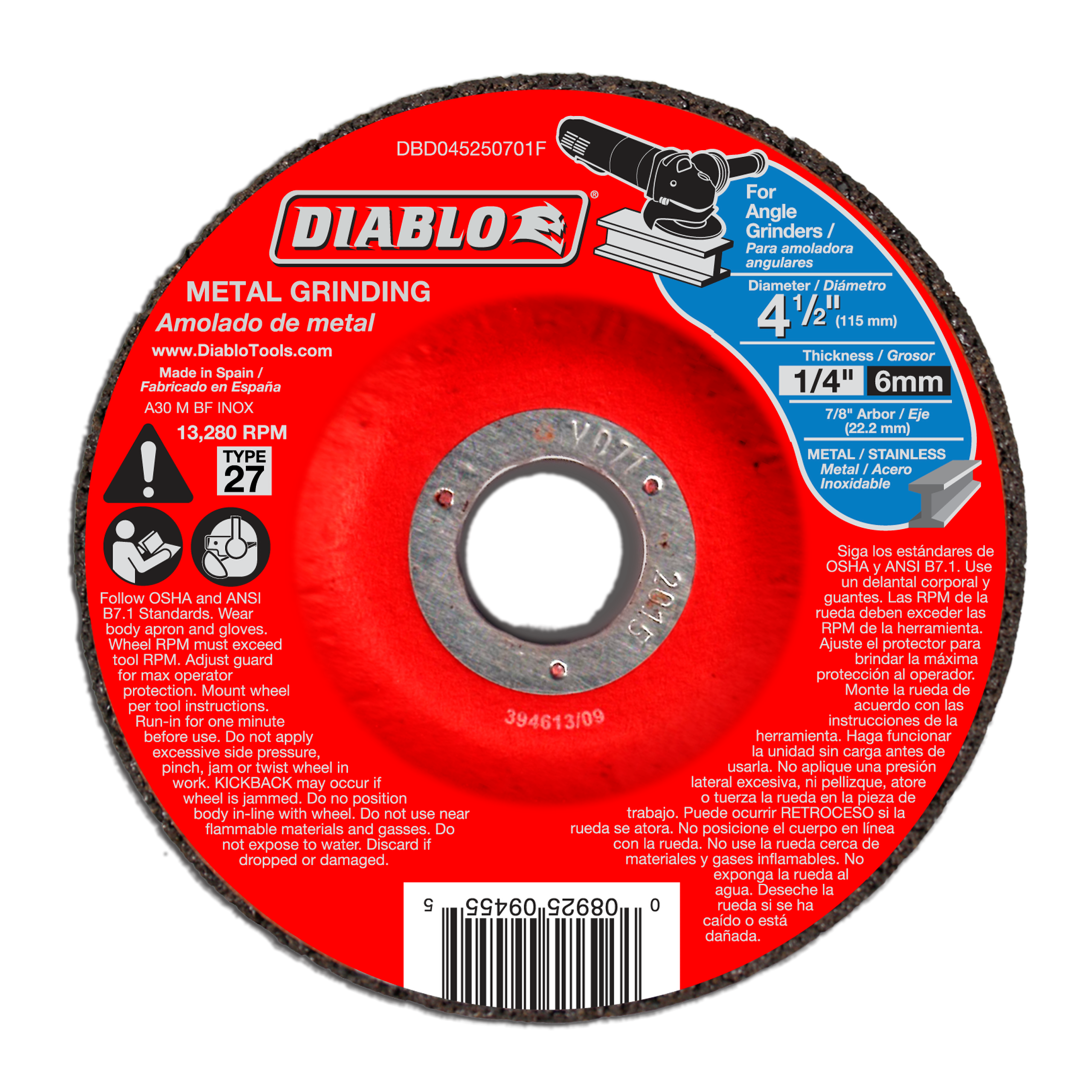 Diablo DBD045250701F 4-1/2" Metal Grinding Disc - Type 27